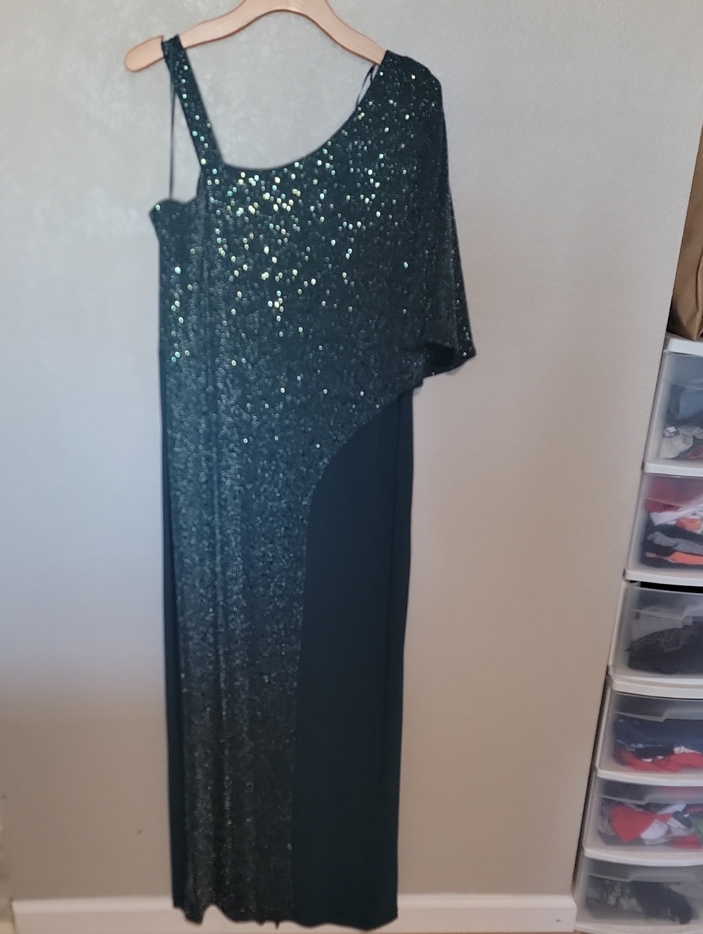 R&M Richards Dark Green One-Shoulder Sequin Evening Dress